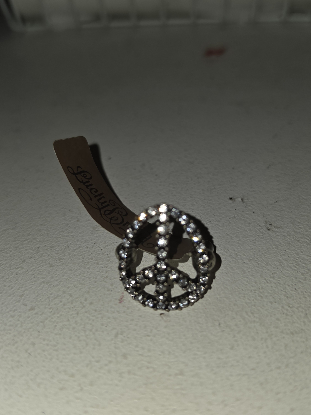 Lucky Brand Silver-Tone Crystal Peace Sign Ring - Silver Clear Size 8